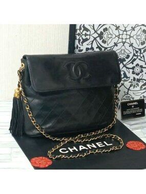 Chanel Quilted Chain Shoulder Lambskin Fringe Black CC Logo Crossbody